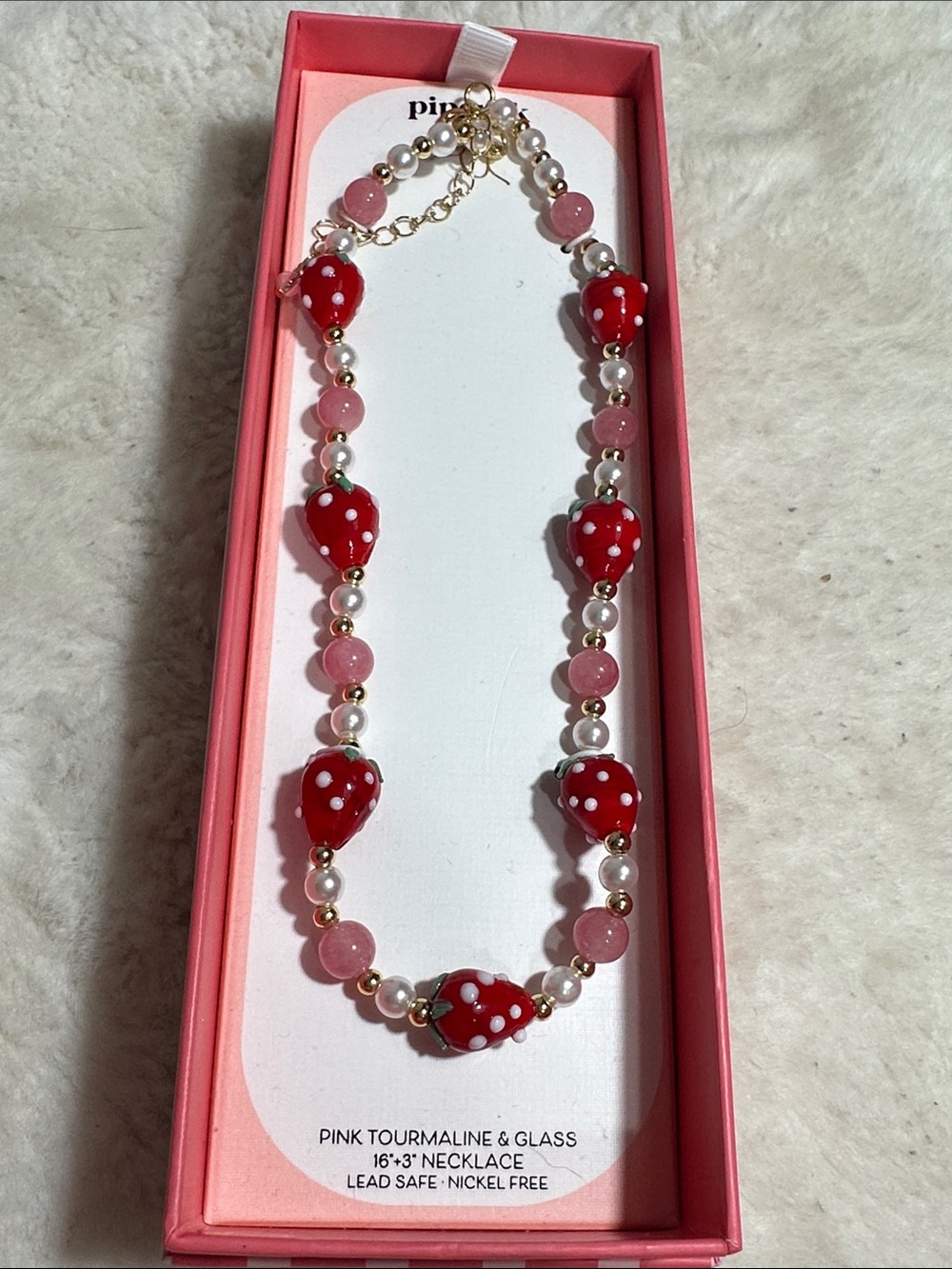 Piper K pink tourmaline & glass strawberry necklace